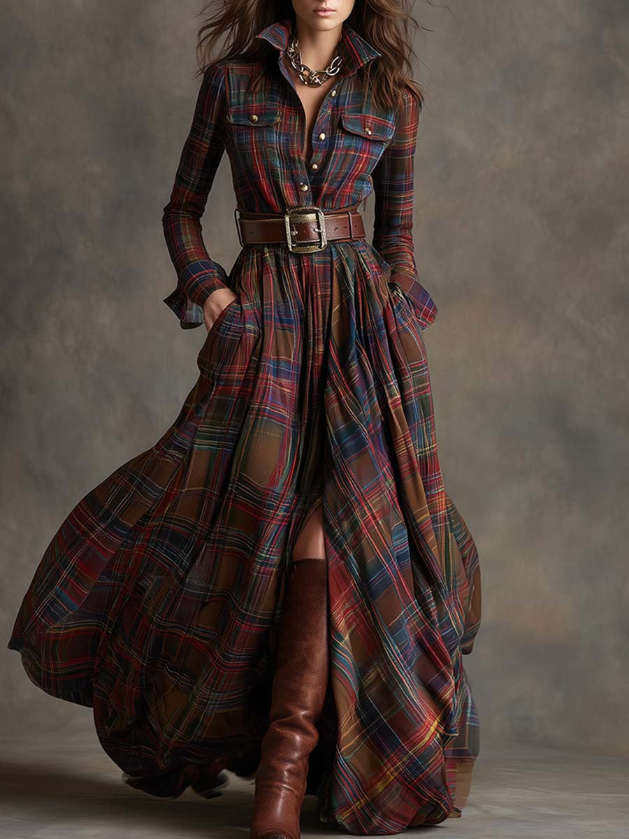 Langarm Kleid mit Karomuster und Hemdkragen für Damen