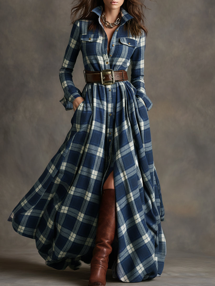 Langarm Kleid mit Karomuster und Hemdkragen für Damen