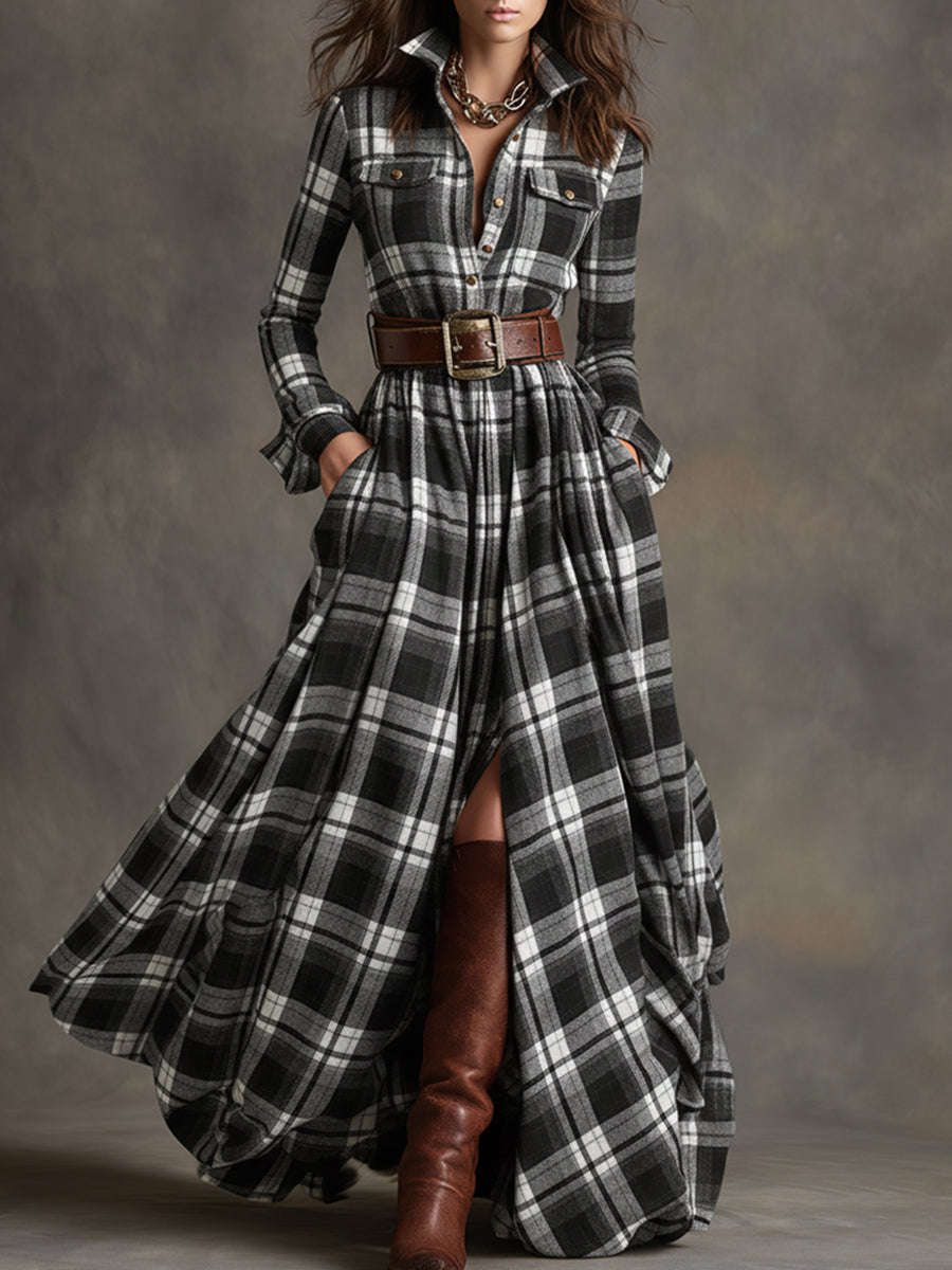 Langarm Kleid mit Karomuster und Hemdkragen für Damen