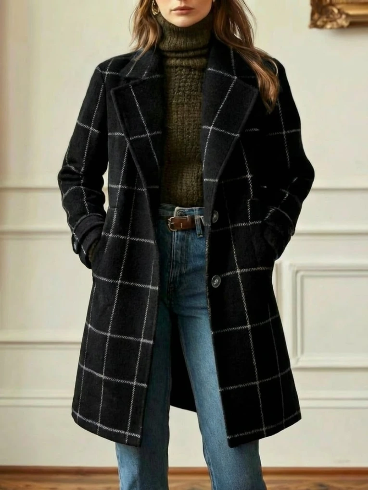 Langer Wollmantel mit Karo und Revers für Damen