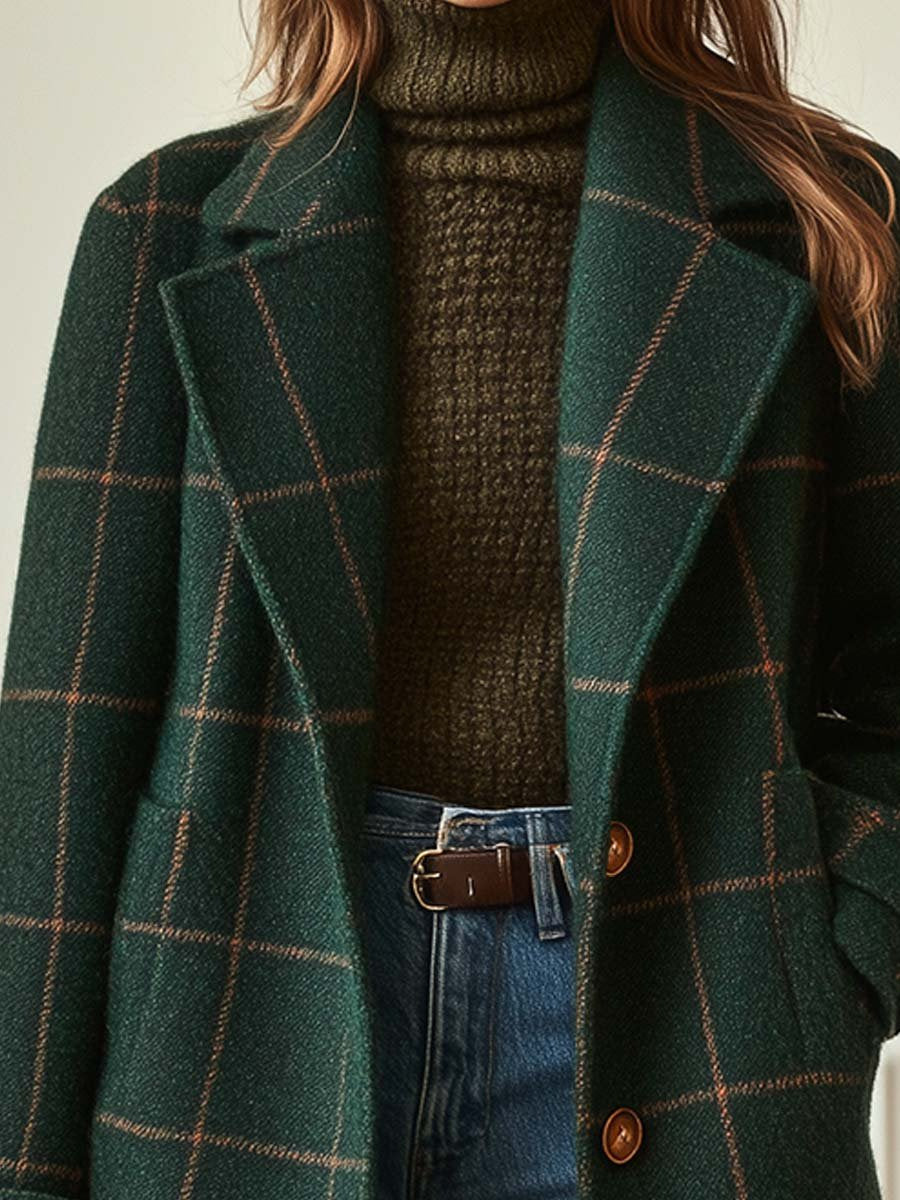 Langer Wollmantel mit Karo und Revers für Damen