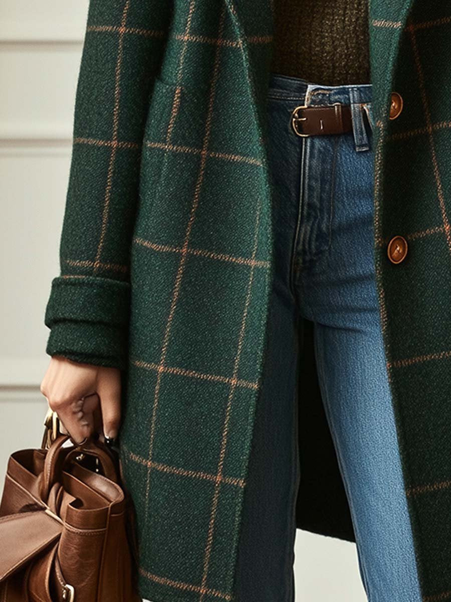 Langer Wollmantel mit Karo und Revers für Damen