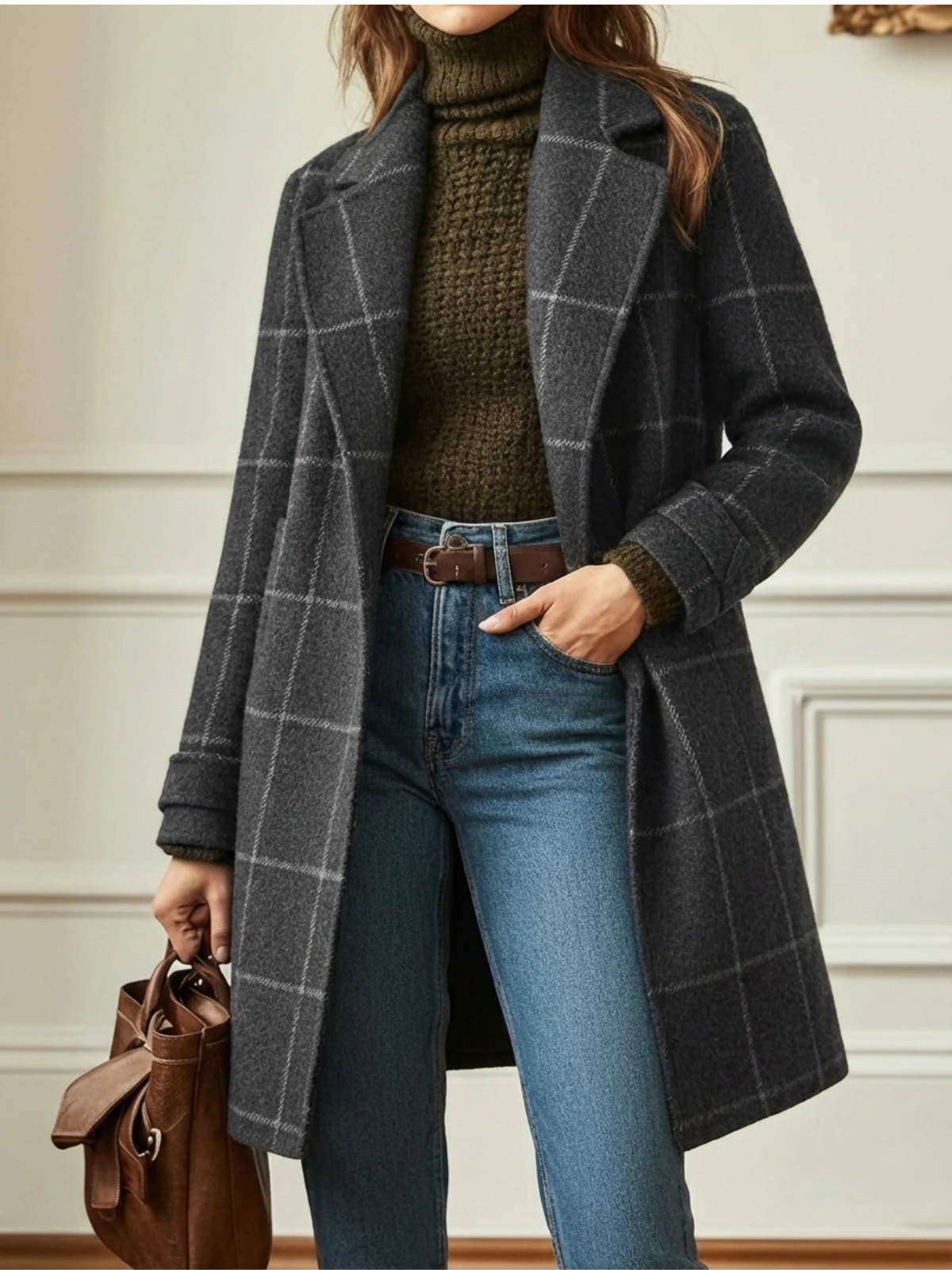 Langer Wollmantel mit Karo und Revers für Damen