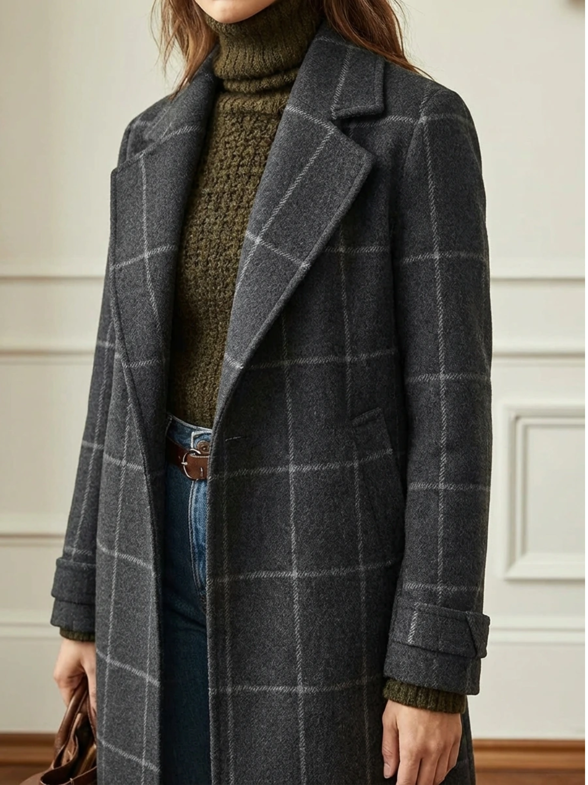 Langer Wollmantel mit Karo und Revers für Damen
