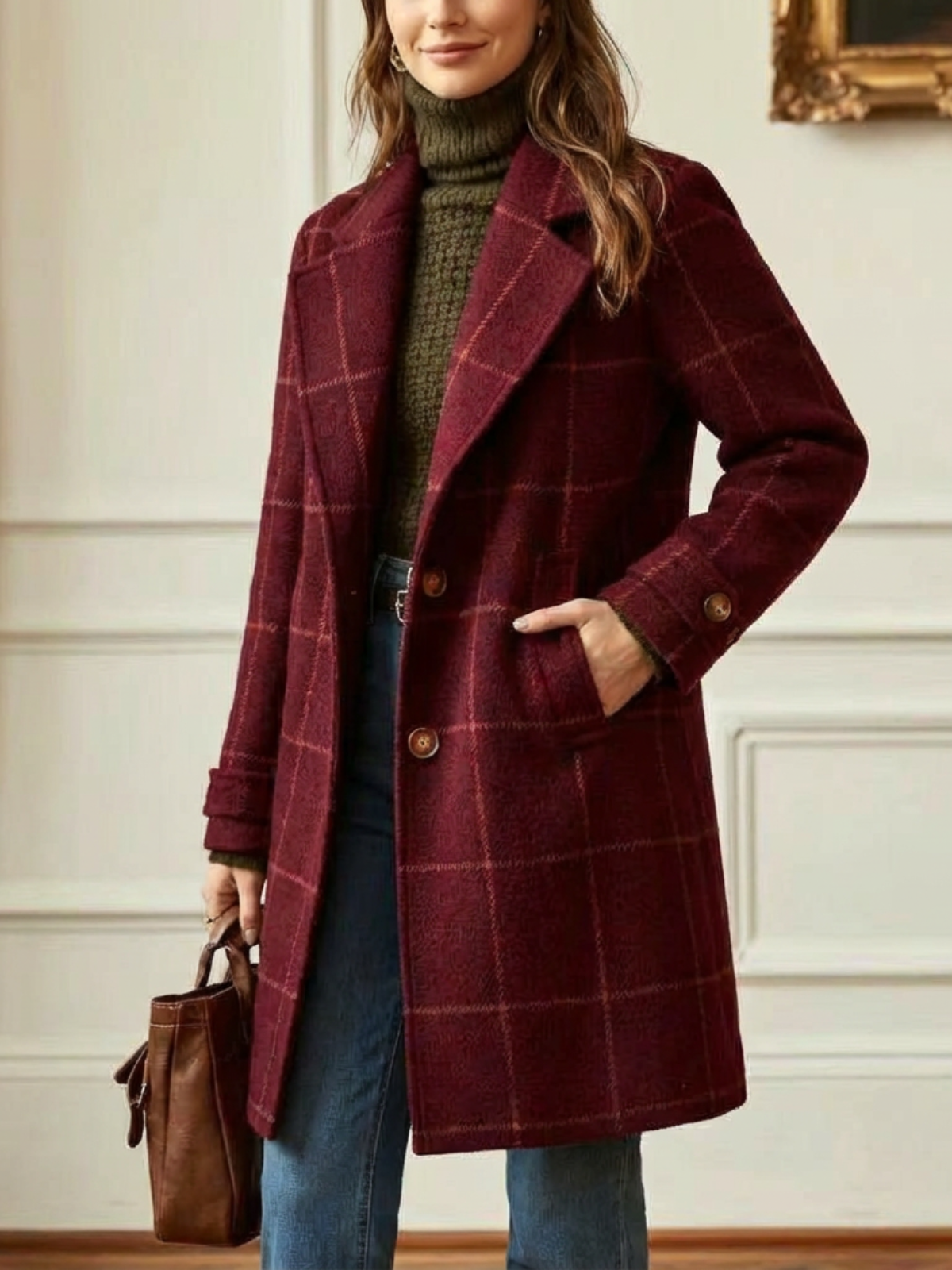 Langer Wollmantel mit Karo und Revers für Damen