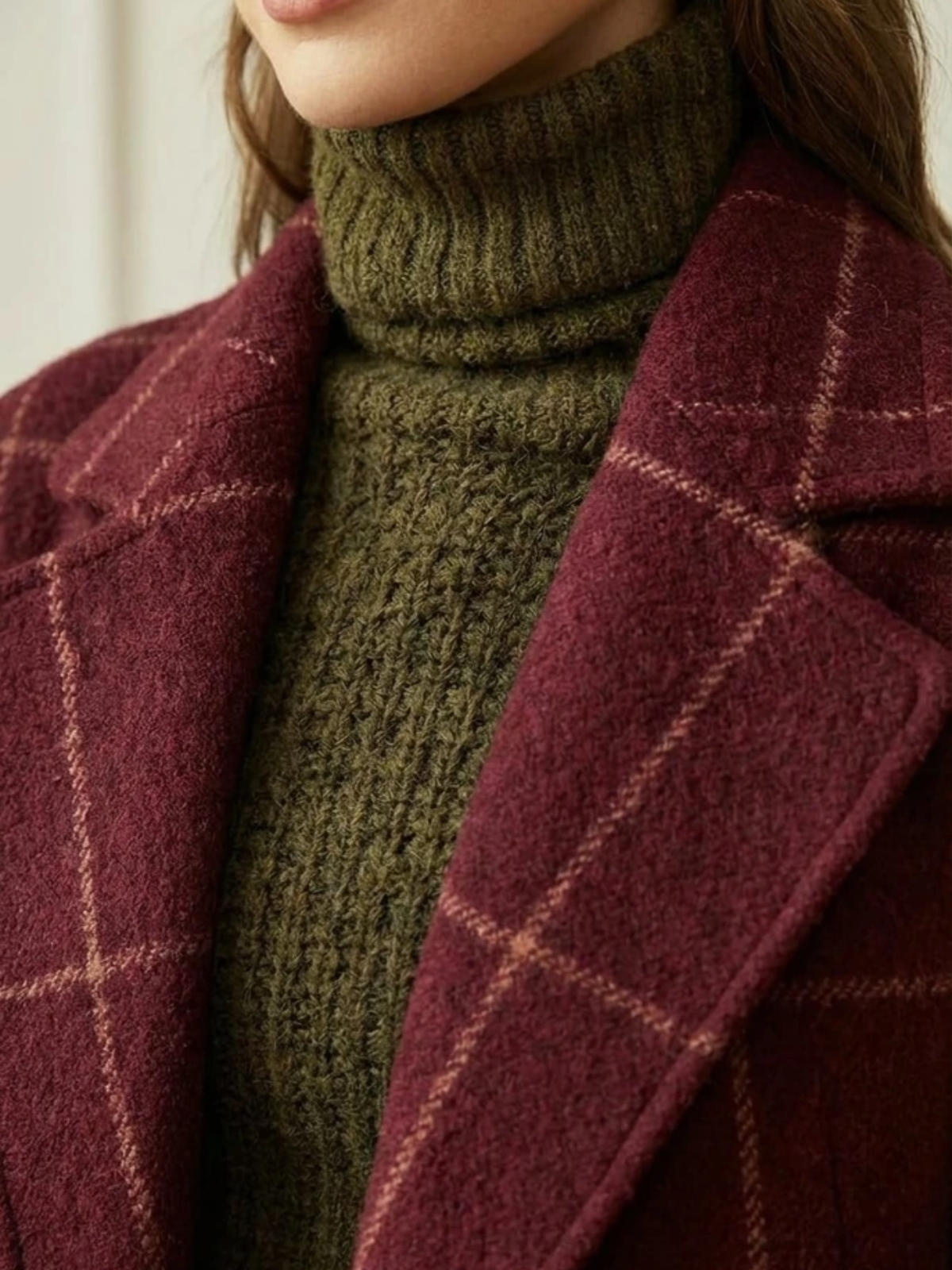 Langer Wollmantel mit Karo und Revers für Damen