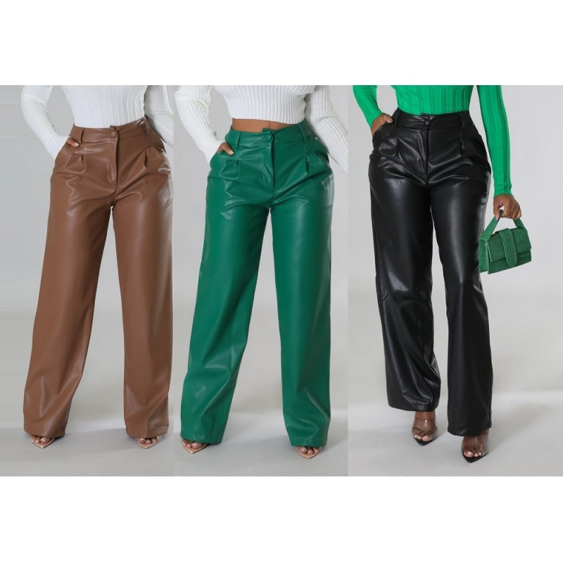 Lederhose aus Kunstleder mit Falten und Taschen für Damen