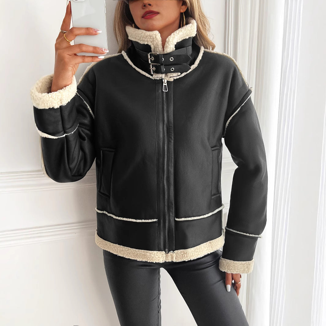 Lederjacke aus Kunstleder mit Teddyfutter und Stehkragen für Damen