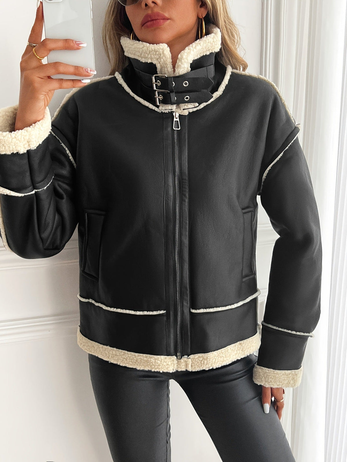 Lederjacke aus Kunstleder mit Teddyfutter und Stehkragen für Damen