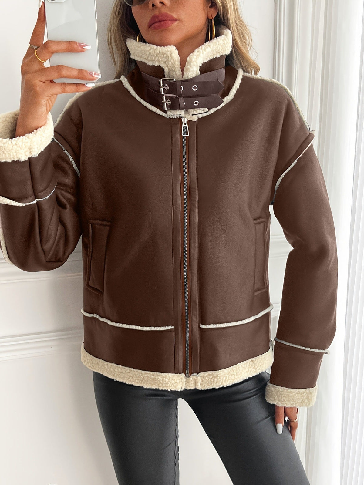 Lederjacke aus Kunstleder mit Teddyfutter und Stehkragen für Damen