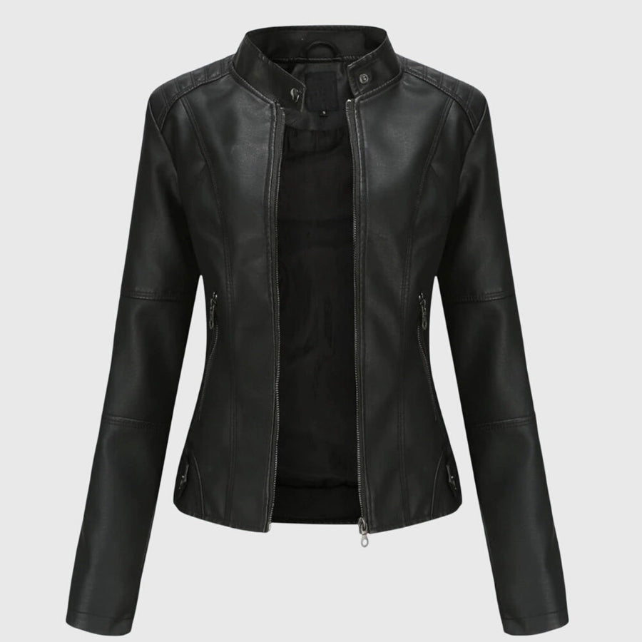 Kunstlederjacke Damen tailliert, hüftlang mit Stehkragen - Schwarz