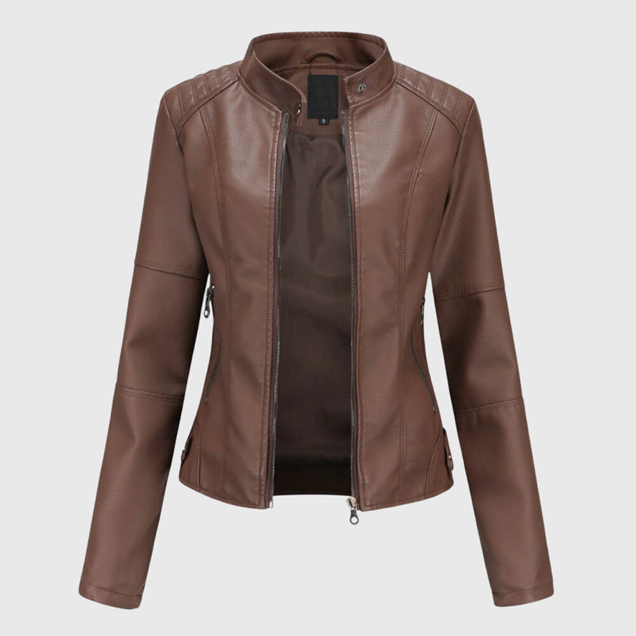 Kunstlederjacke Damen tailliert, hüftlang mit Stehkragen