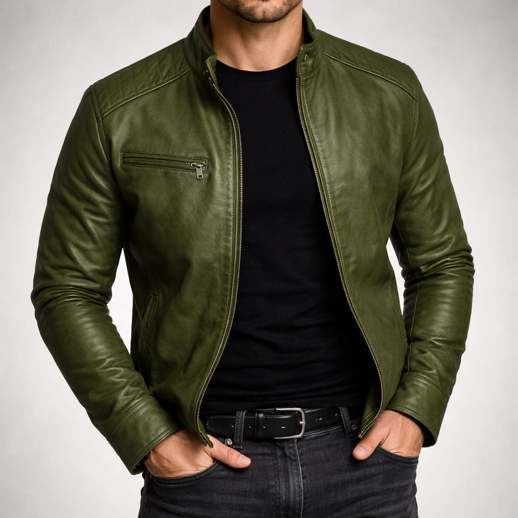 Lederjacke mit schmalem Schnitt und Brusttasche für Herren - Grün