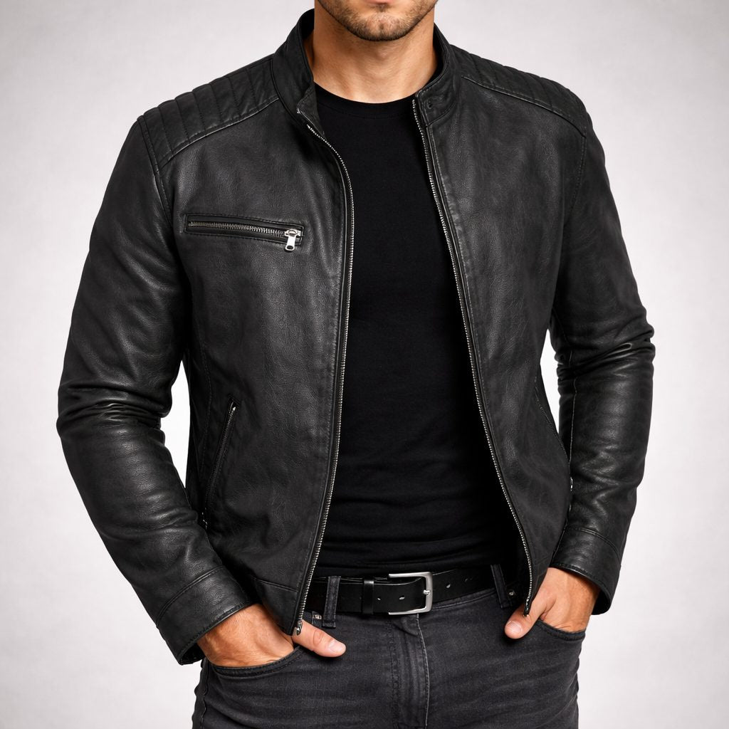 Lederjacke mit schmalem Schnitt und Brusttasche für Herren - Schwarz