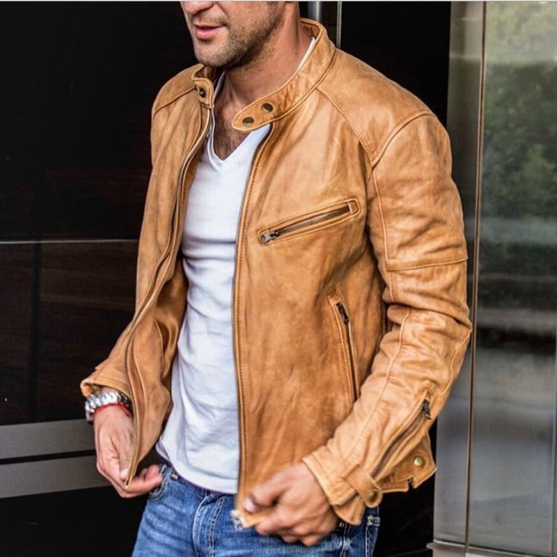 Lederjacke mit Stehkragen und Reißverschluss für Herren - Hellbraun