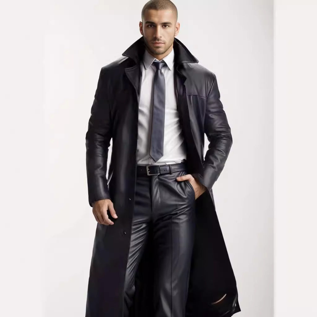 Ledermantel in langer Form im Trench-Stil für Herren - Schwarz