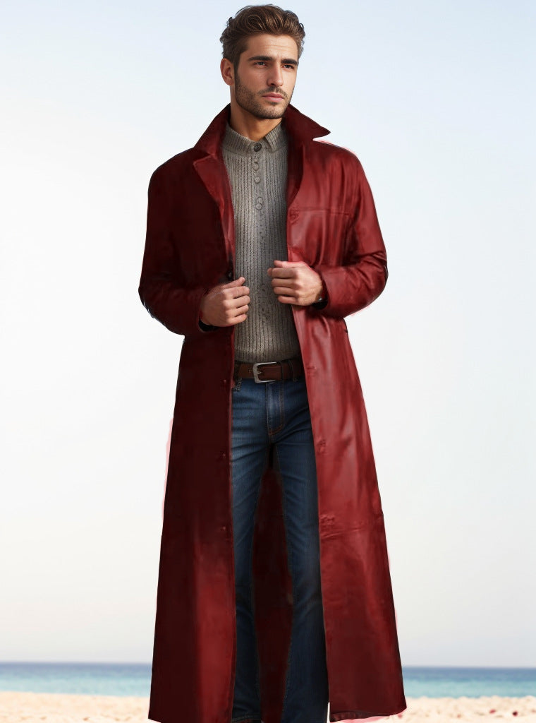 Ledermantel in langer Form im Trench-Stil für Herren - Weinrot