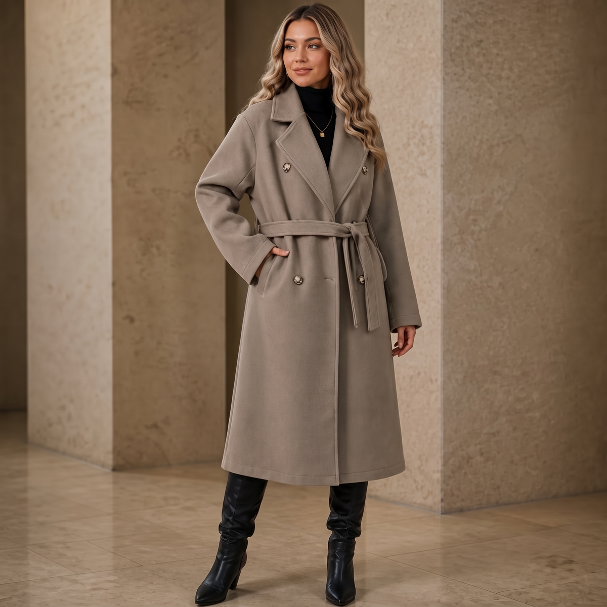 Mantel mit Bindegürtel und Zweireiherfront für Damen