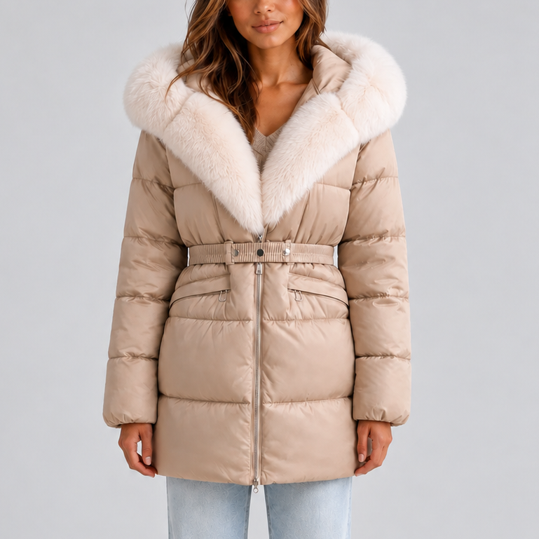 Steppmantel mit Kapuze, Kunstfellbesatz und Gürtel für Damen - Beige