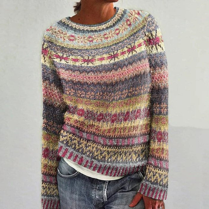 Norweger Pullover Damen in Jacquardstrick mit Rundhalsausschnitt, Langarm - Gelb