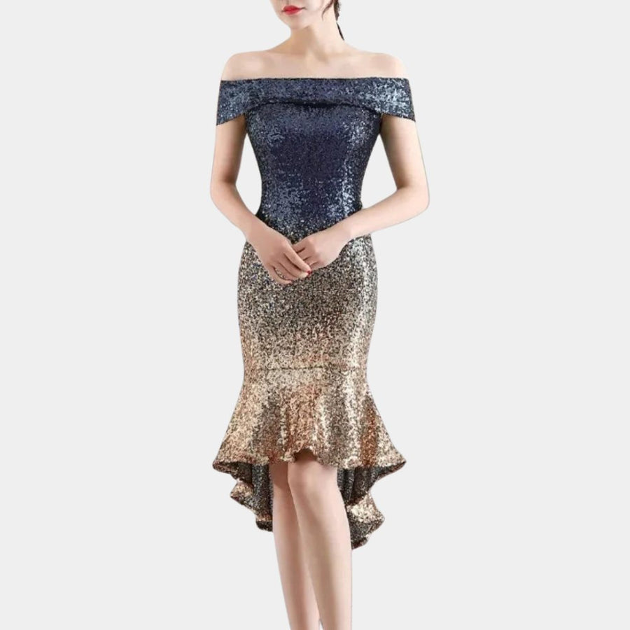 Pailletten Kleid schulterfrei mit Vokuhila-Saum für Damen