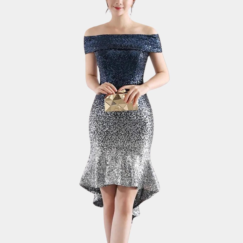 Pailletten Kleid schulterfrei mit Vokuhila-Saum für Damen