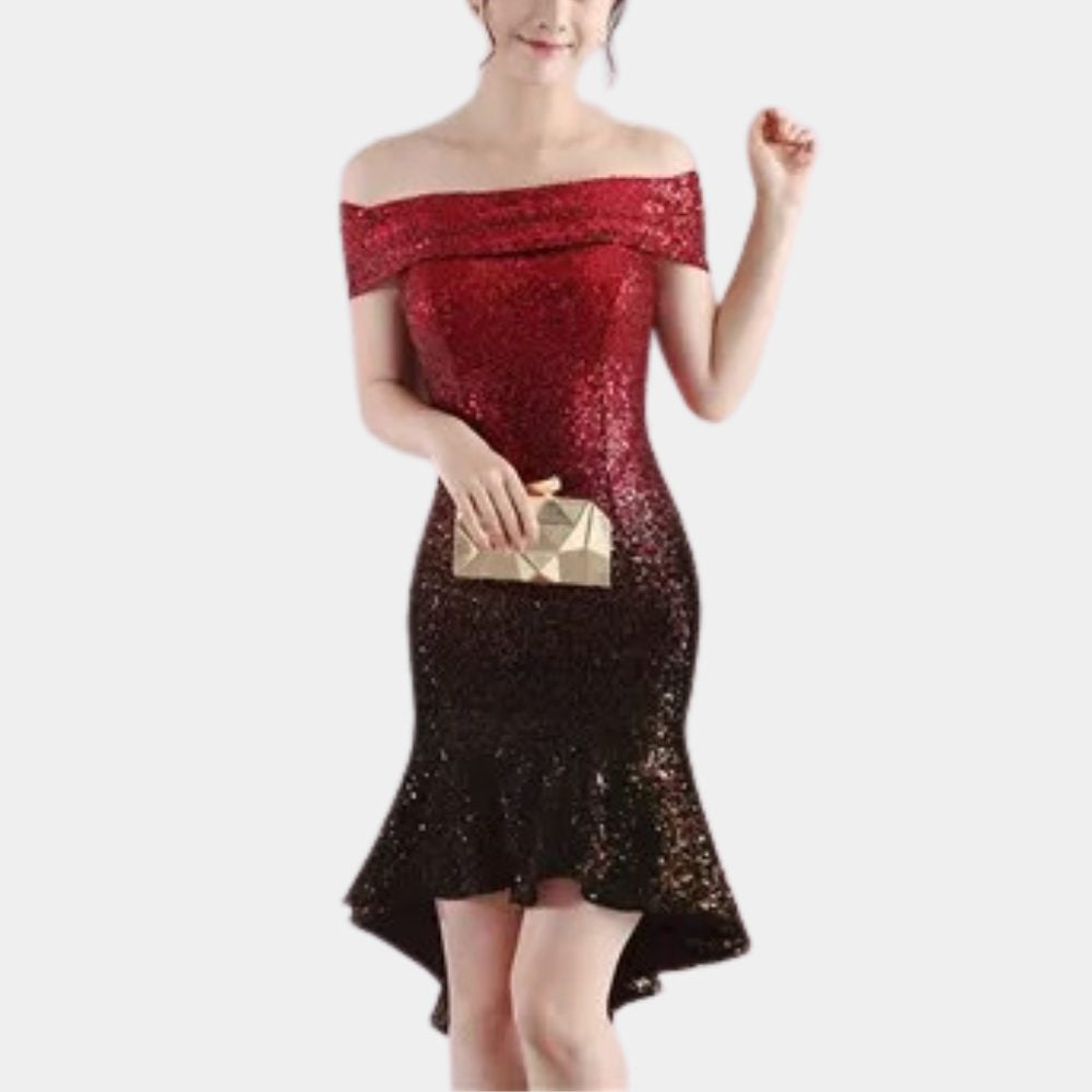 Pailletten Kleid schulterfrei mit Vokuhila-Saum für Damen