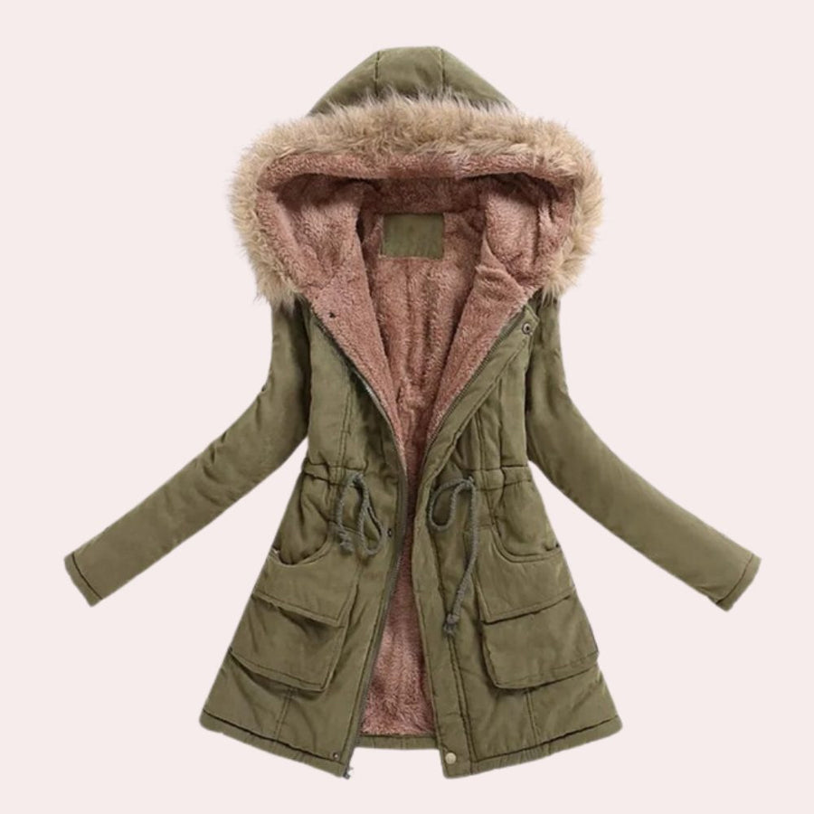 Parka Damen mit Fleecefutter, lockerer Passform und Kunstfellkapuze - Armeegrün