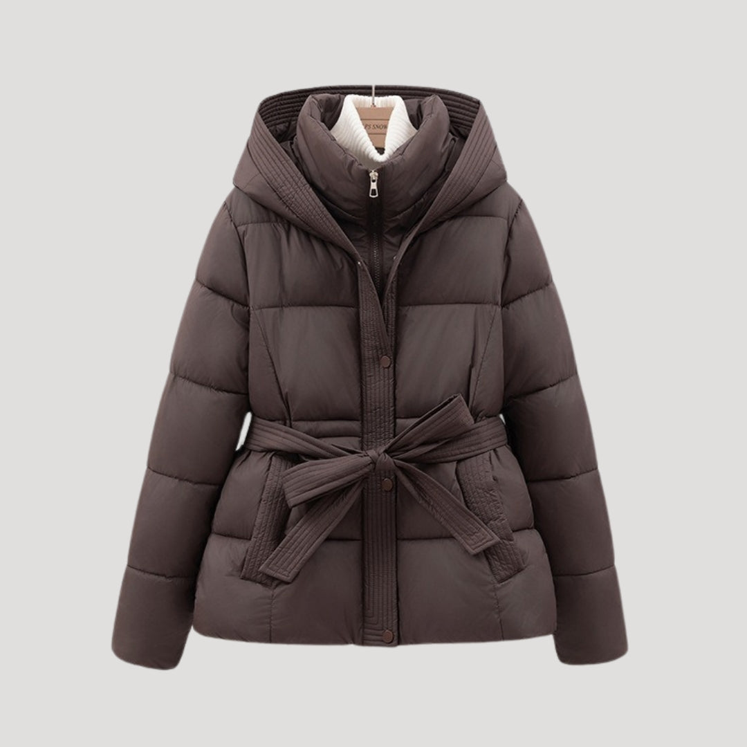 Pufferjacke mit Kapuze und Taillengürtel für Damen - Braun