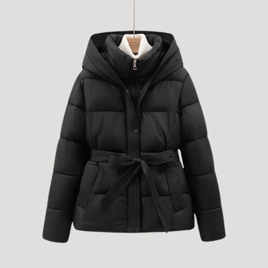 Pufferjacke mit Kapuze und Taillengürtel für Damen - Schwarz
