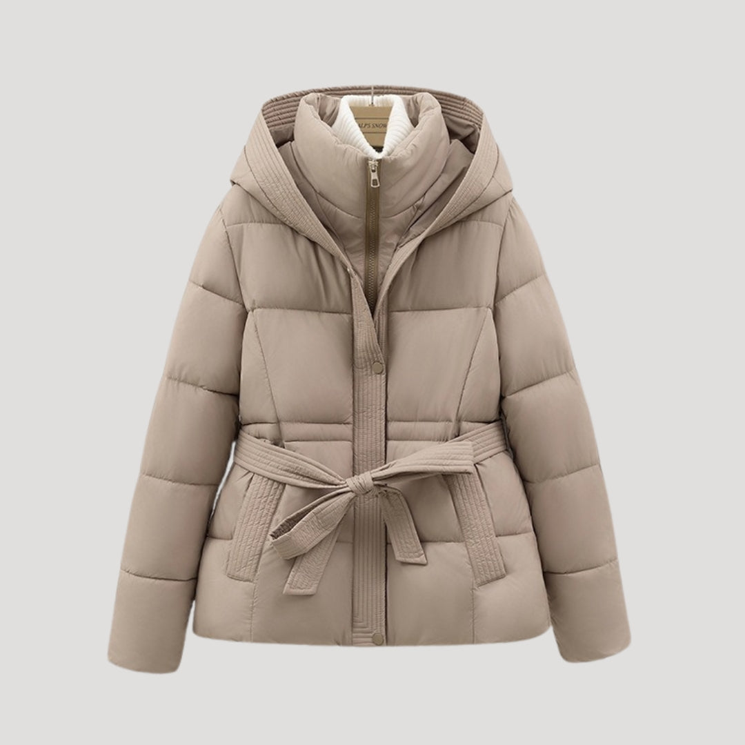 Pufferjacke mit Kapuze und Taillengürtel für Damen - Khaki