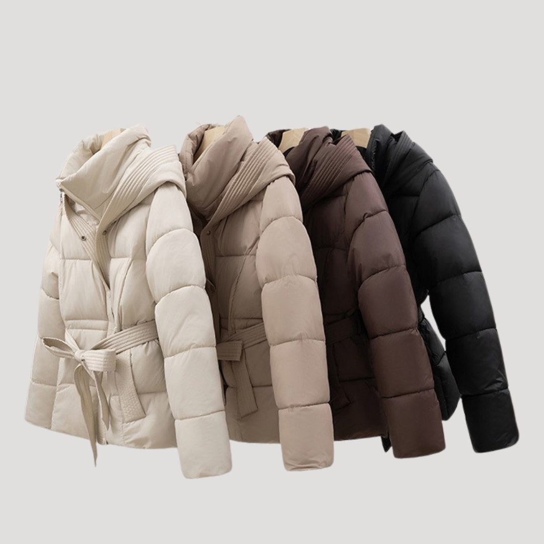Pufferjacke mit Kapuze und Taillengürtel für Damen