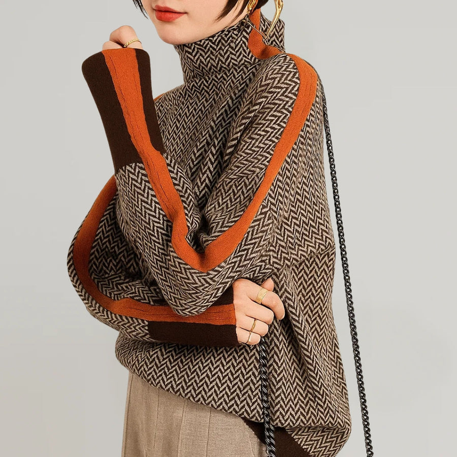 Pullover Damen Oversize mit Stehkragen und Kontraststreifen