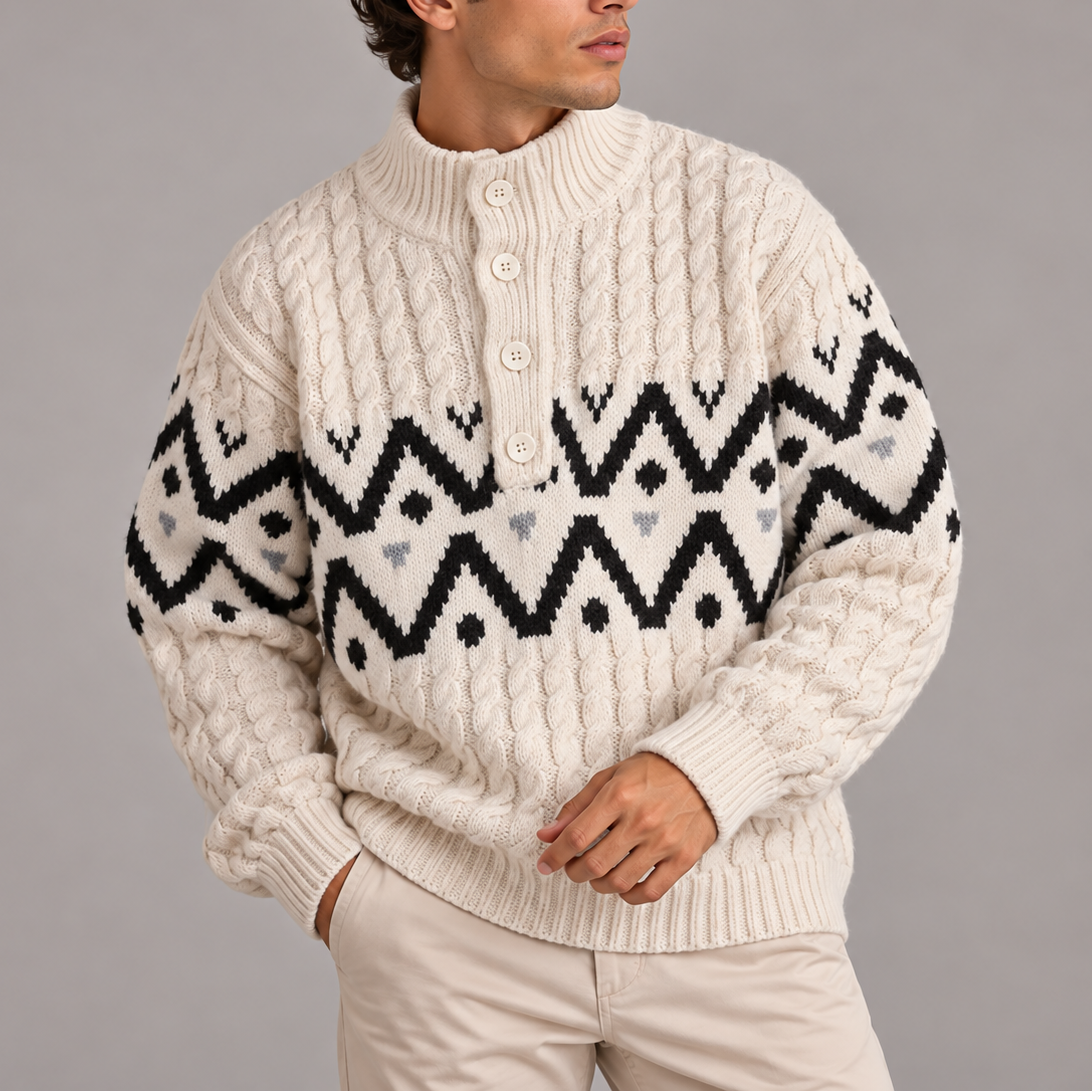 Norweger Pullover mit Zopfmuster und Knopfleiste für Herren - Weiß