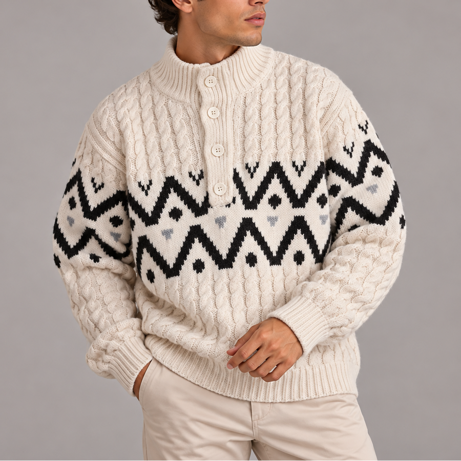 Norweger Pullover mit Zopfmuster und Knopfleiste für Herren - Weiß