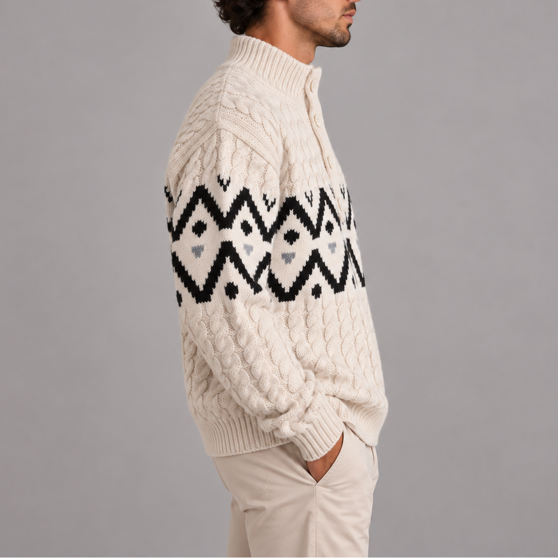 Norweger Pullover mit Zopfmuster und Knopfleiste für Herren