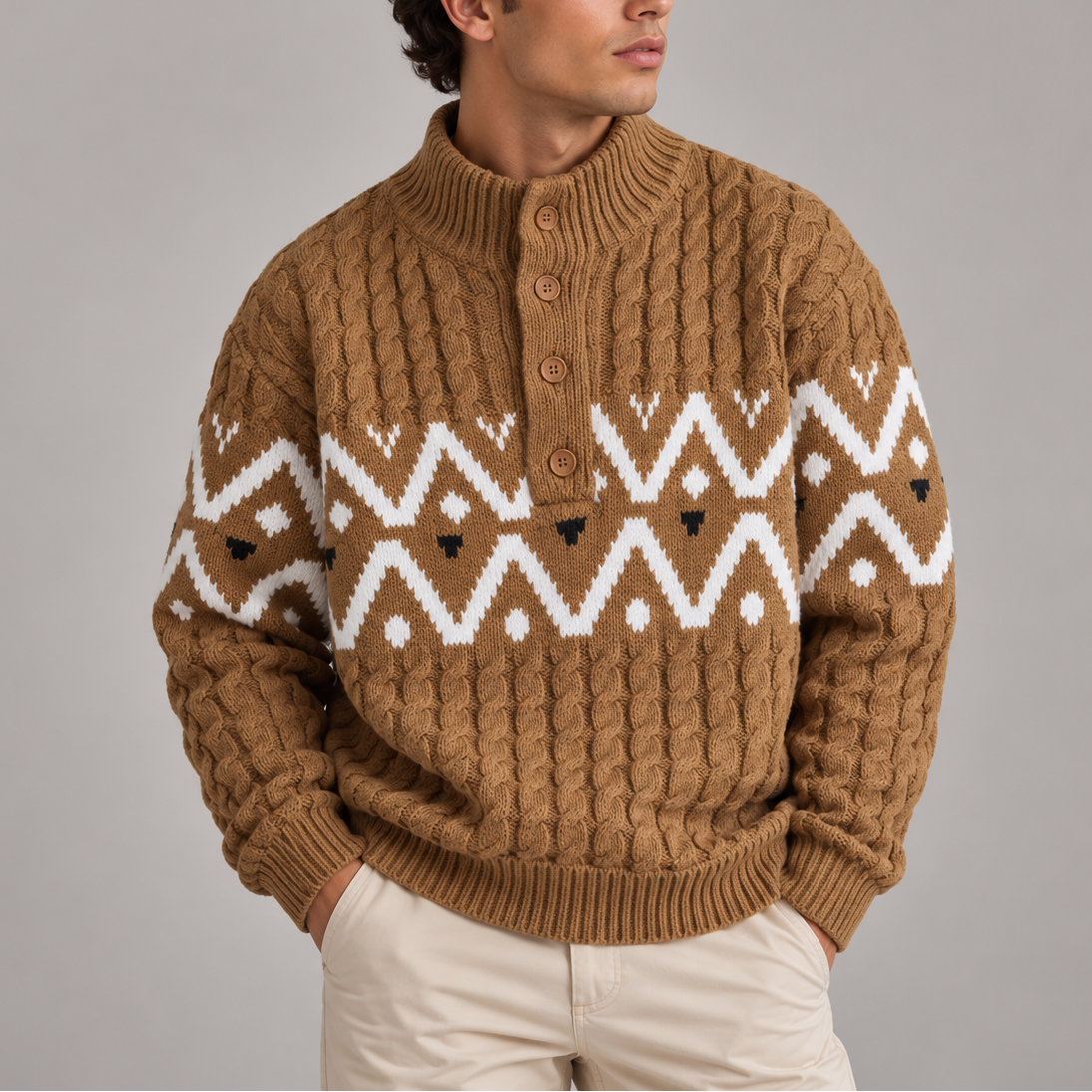 Norweger Pullover mit Zopfmuster und Knopfleiste für Herren - Braun