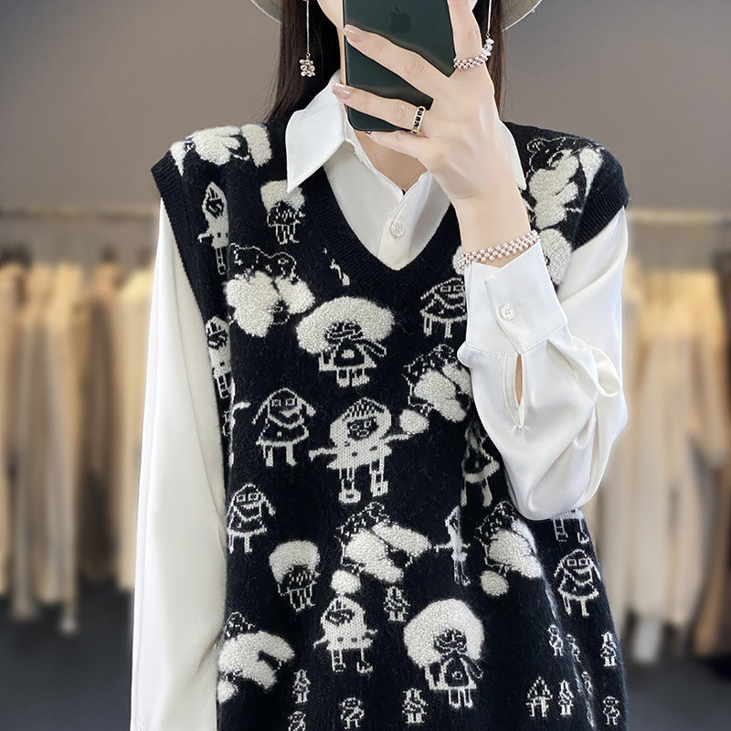 Pullunder Damen aus Wollmischung, Oversize mit Jacquardmuster und V-Ausschnitt