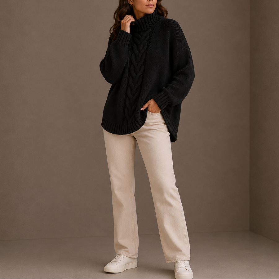 Rollkragenpullover mit Zopfmuster und weitem Schnitt für Damen - Schwarz