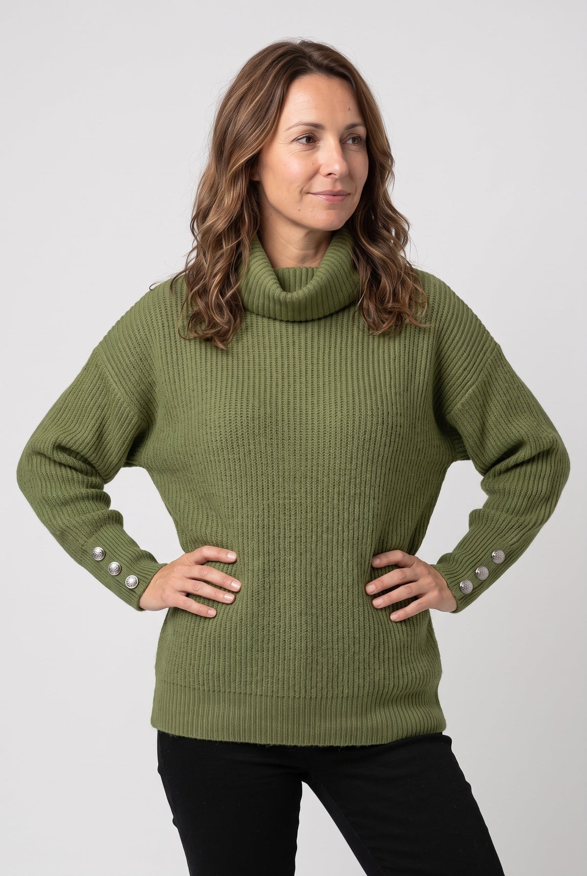 Rollkragenpullover mit Rippstrick und Knopfdetails für Damen - Grün