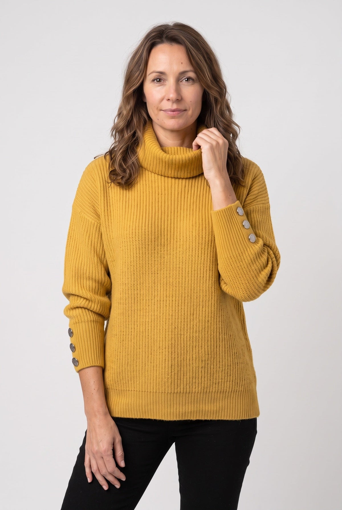 Rollkragenpullover mit Rippstrick und Knopfdetails für Damen - Gelb