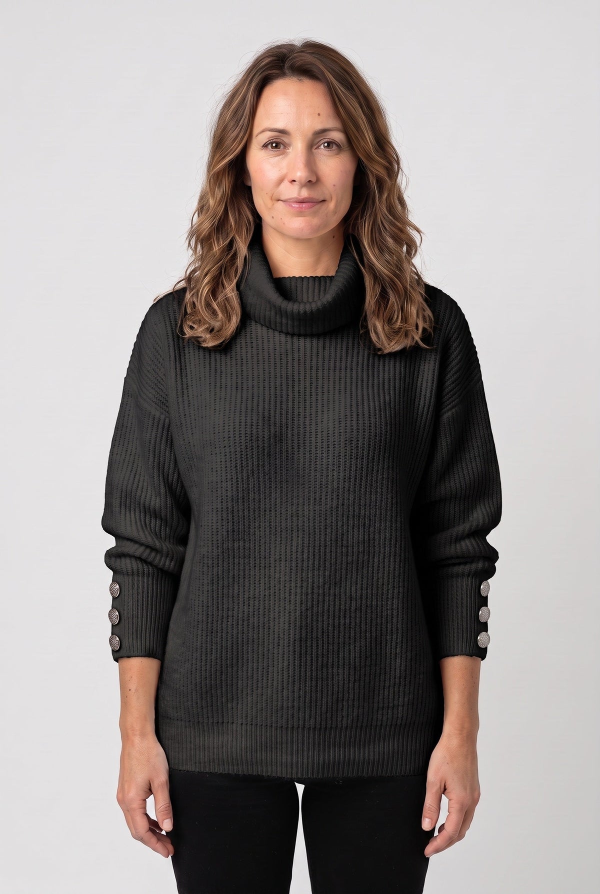 Rollkragenpullover mit Rippstrick und Knopfdetails für Damen - Schwarz