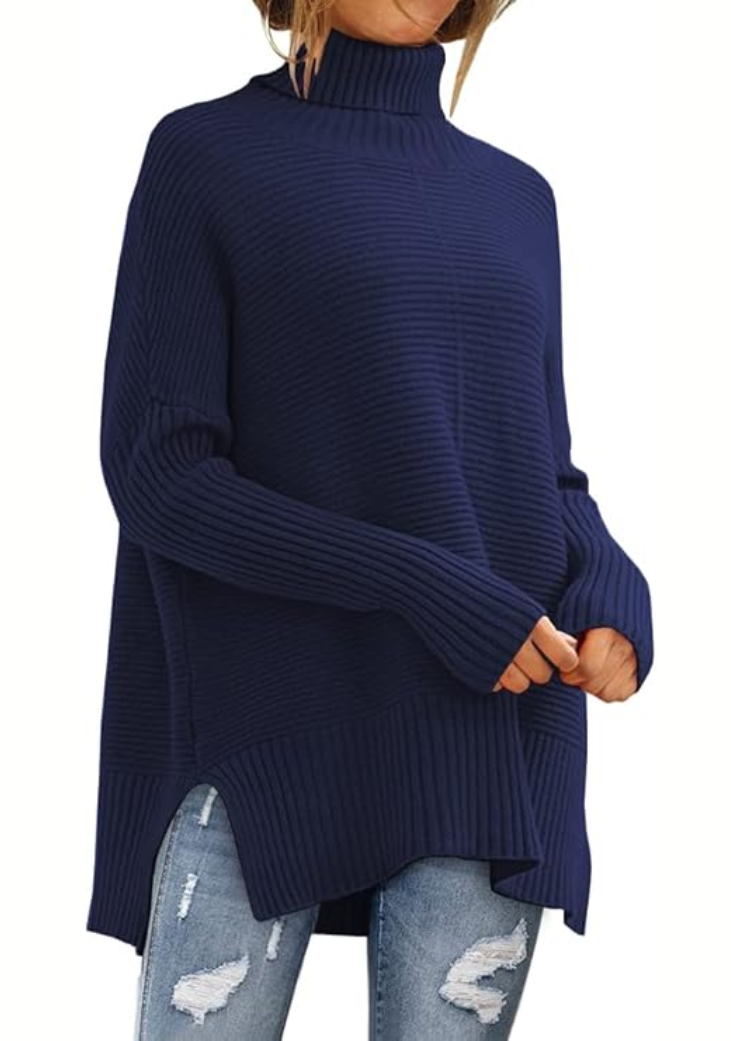 Rollkragenpullover Damen warm für den Winter mit asymmetrischem Saum - Marineblau