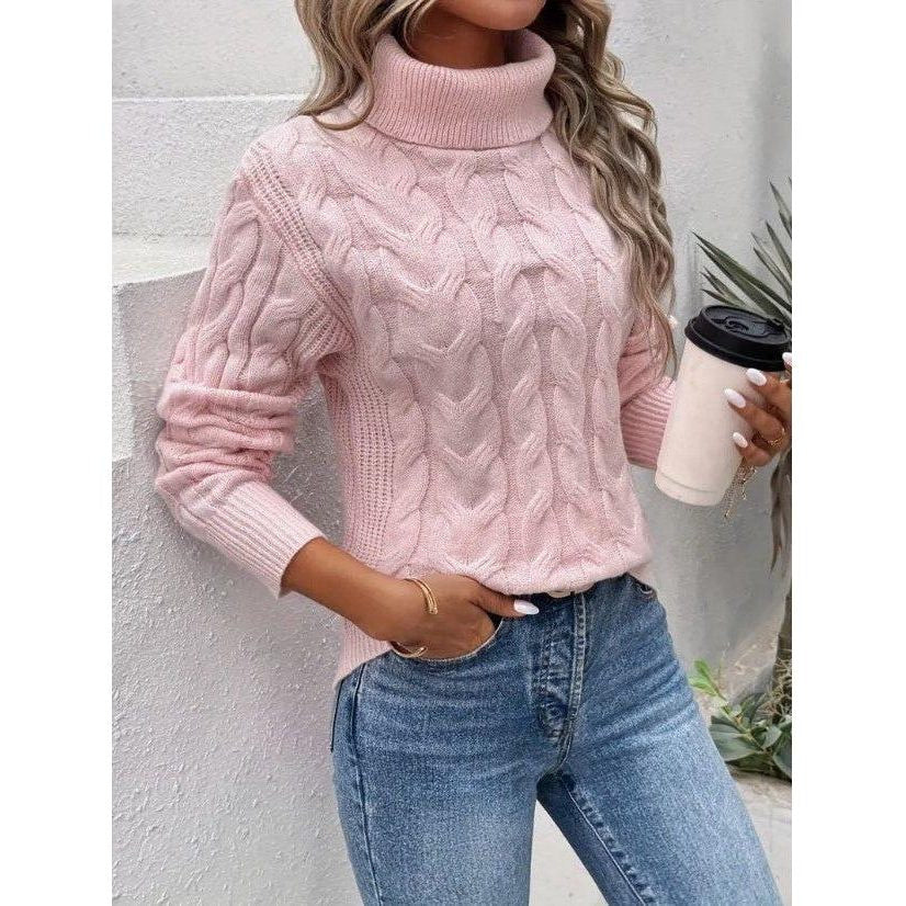 Rollkragenpullover Damen mit Zopfmuster, körpernah und langärmelig