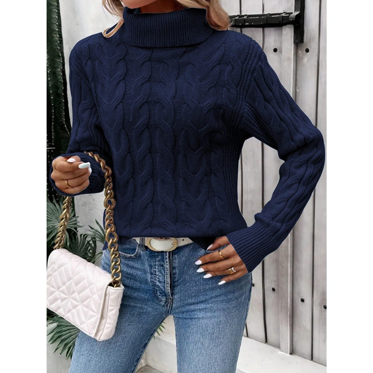Rollkragenpullover mit Zopfmuster und Langarm für Damen