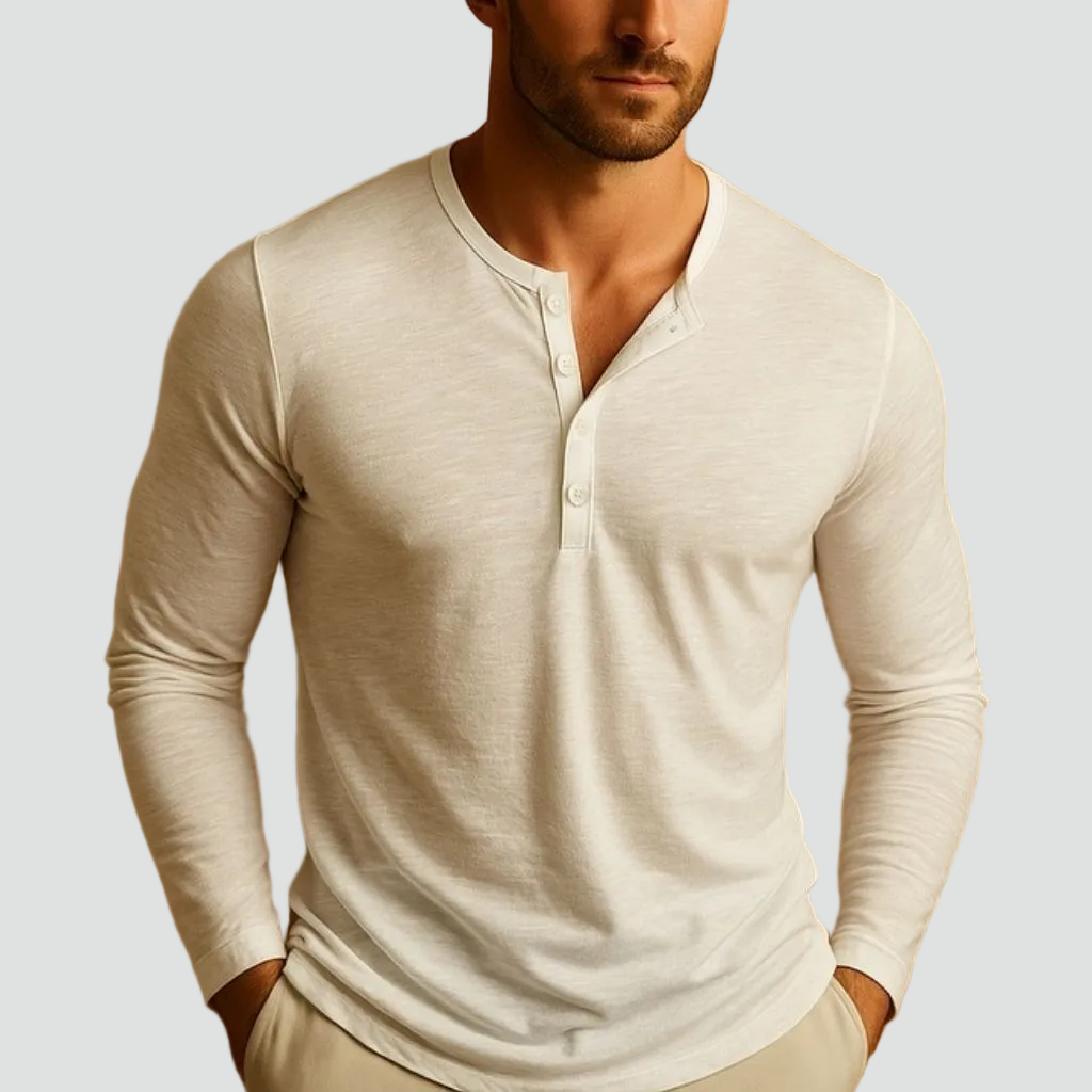 Long-Sleeve Henley Shirt with Open Placket - White
