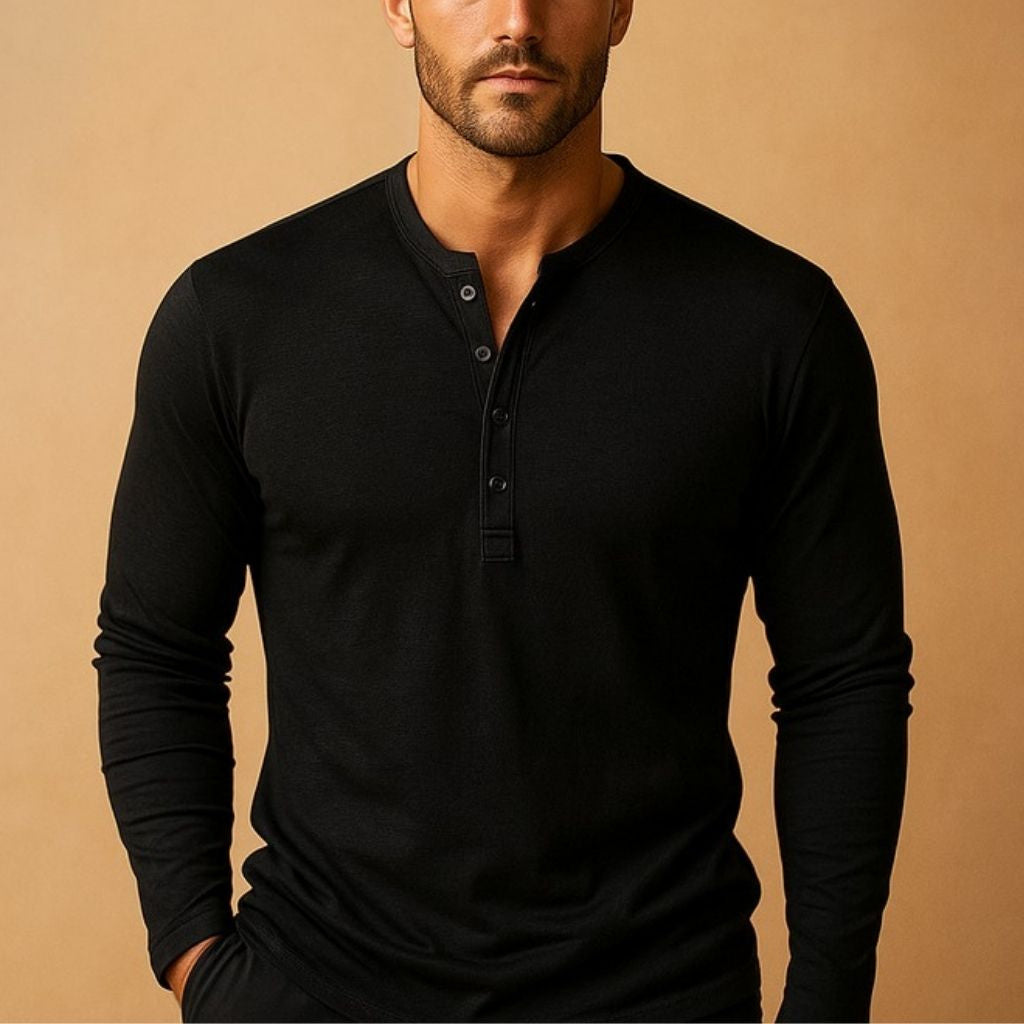 Long-Sleeve Henley Shirt with Open Placket - Black