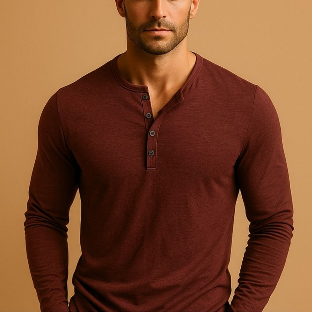 Long-Sleeve Henley Shirt with Open Placket - Red