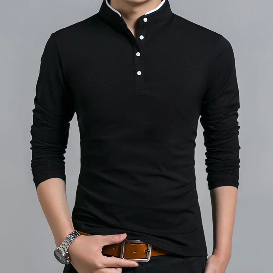 Long-Sleeve Polo Shirt with Button Placket - Black