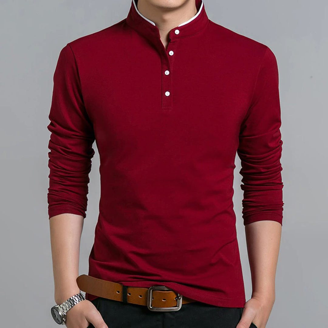 Long-Sleeve Polo Shirt with Button Placket - Red